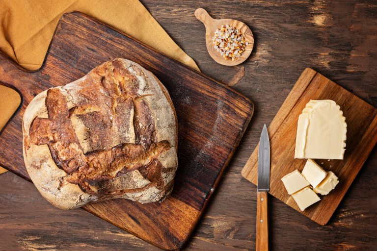 Fresh organic artisan bread. Healthy eating, buy local, homemade bread recipes concept. Top view